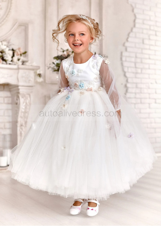 Long Sleeves Colorful Beaded 3D Flowers Cute Flower Girl Dress